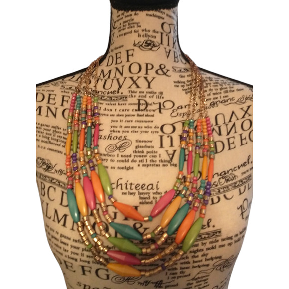 Multicolor 5-tier Statement Necklace Gold Tone 26.5" Pretty Spring  Summer - Picture 4 of 8